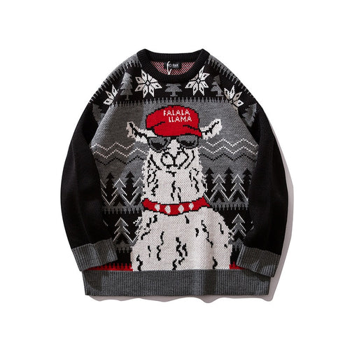 #1521 Alpaca Pattern Hip Hop Sweater Men Long Sleeve Streetwear Pullover Unisex High Street Sweater For Men O Neck Knitwear Man