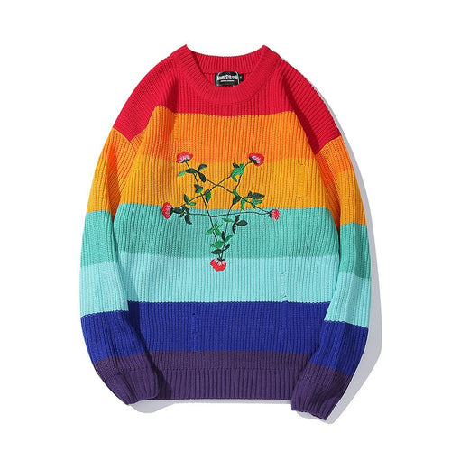 #1509 High Street Hip Hop Sweater Men O Neck Colorful Stripe Sweater Loose Embroidery Floral Long Sleeve Winter Sweater Pullover