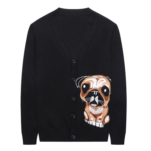 #1506 Winter 2019 Knit Cardigan Swetaer Men Cartoon Embroidery V Neck Korean Fashion Black Long Sleeve Button Mens Sweaters Slim